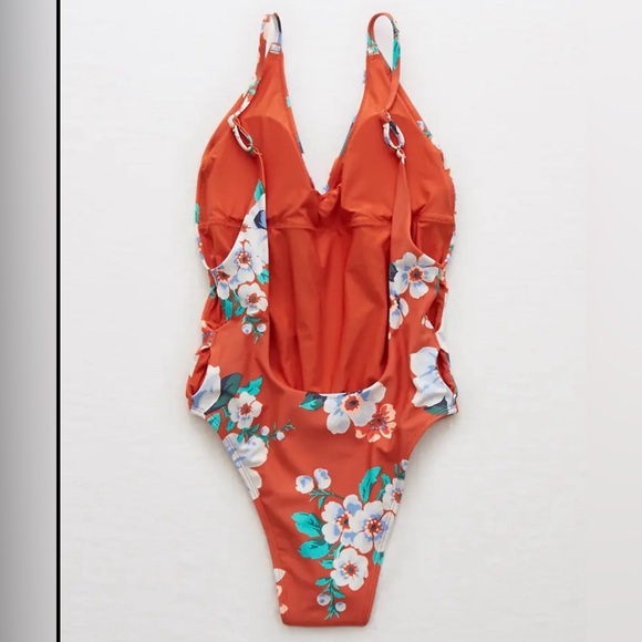 Aerie Orange Tropical Print Cutout Side One Piece Swimsuit Size XL - Picture 3 of 7